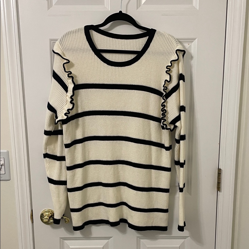 SHEIN Curve Black and Creme Striped Knit Sweater Ruffle 4X